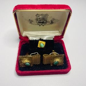 60s Art Deco Gold Tone‎ Cufflinks and Tie Tack Set with Green Stone